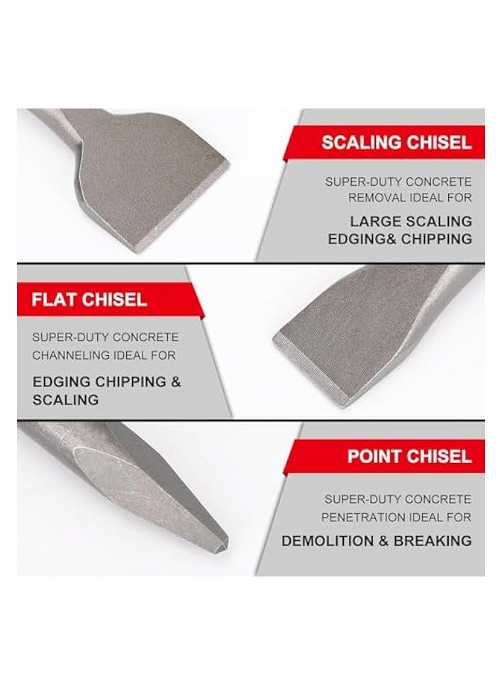 PROMASS Chisel Set for Rotary Hammer Drills, 3PC Concrete Masonry Drill Bit Set, Includes Point, Flat, and Scaling Chisels, 40CR Steel Bits for Masonry, Concrete, Tile Removal, with Storage Case  - Image 3