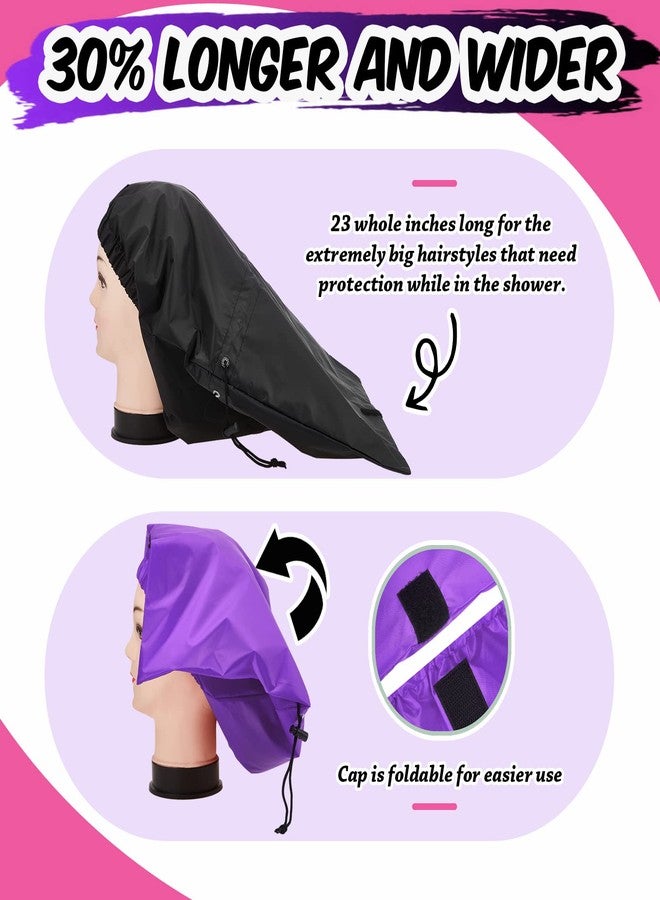 SATINIOR Braid Shower Cap Large Jumbo for Adjustable and Foldable with Drying Loop Extra Big Plastic Long Curly Hair Braids (Black, Purple) - Image 4