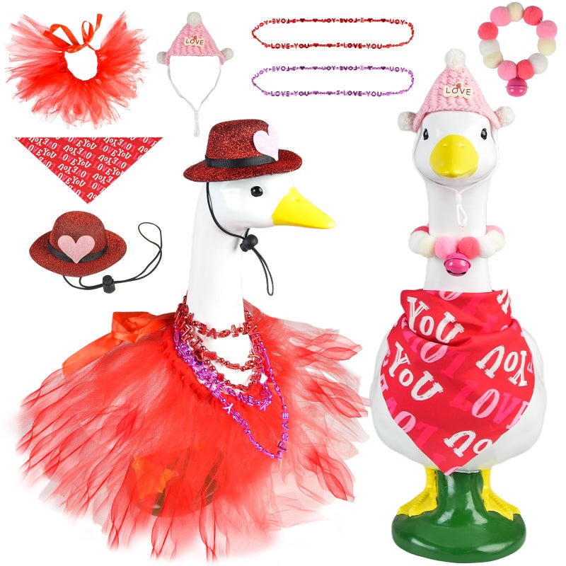 letesult 2Sets Valentine's Day Goose Outfits, 7PCS Red Heart Porch Outfits Romantic Clothes for 23" High Cement Plastic Lawn Porch Goose Statue, Valentines Goose Costume Dress for Outdoor Patio Yard Lawn Decor - Image 1