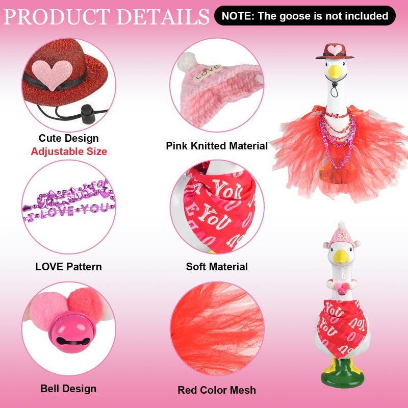 letesult 2Sets Valentine's Day Goose Outfits, 7PCS Red Heart Porch Outfits Romantic Clothes for 23" High Cement Plastic Lawn Porch Goose Statue, Valentines Goose Costume Dress for Outdoor Patio Yard Lawn Decor - Image 3