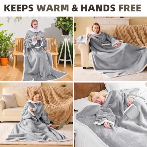 IFNOW Sherpa Wearable Blanket with Sleeves for Women Men Adults, Cozy Wearable Blanket with Arm and Pocket, Warm Full Body TV Wrap Throw Blanket, Soft Robe Blanket as Gifts for Mom Wife, Grey - Image 3