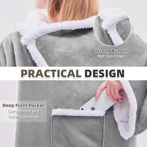 IFNOW Sherpa Wearable Blanket with Sleeves for Women Men Adults, Cozy Wearable Blanket with Arm and Pocket, Warm Full Body TV Wrap Throw Blanket, Soft Robe Blanket as Gifts for Mom Wife, Grey - Image 4