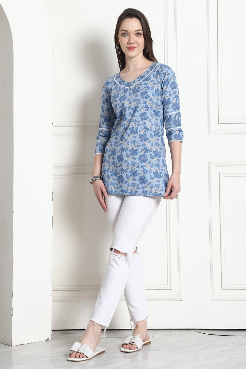 Rajnandini Women's Cotton Jaipuri Printed Tunic (JOPLJPR4013-M_Sky Blue_M) - Image 5