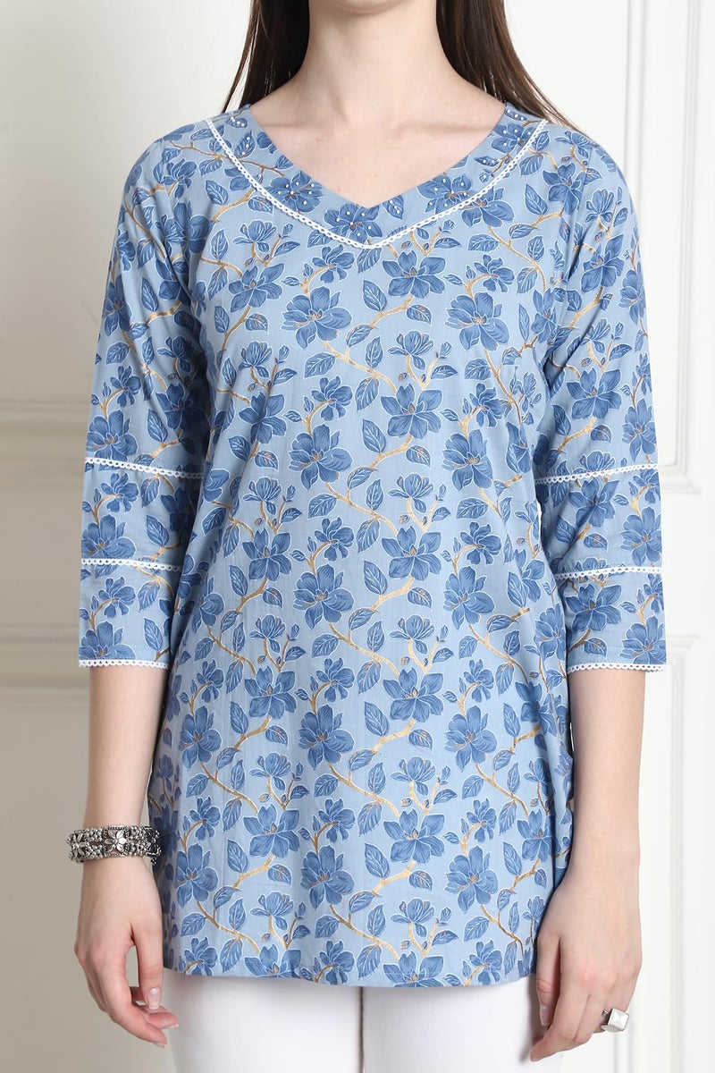 Rajnandini Women's Cotton Jaipuri Printed Tunic (JOPLJPR4013-M_Sky Blue_M) - Image 3