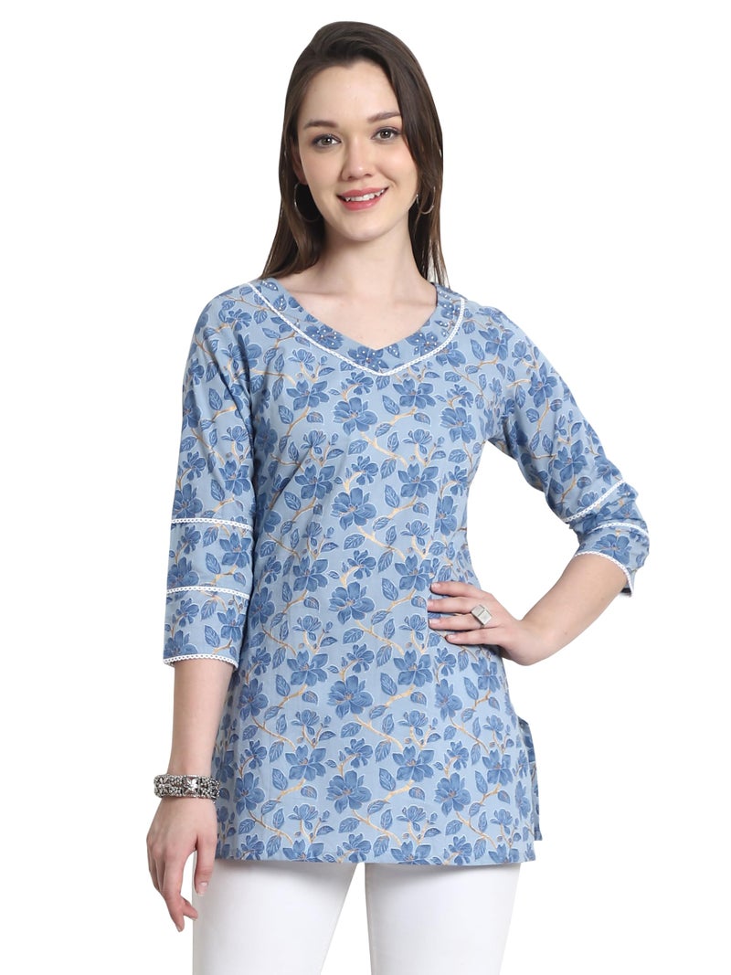 Rajnandini Women's Cotton Jaipuri Printed Tunic (JOPLJPR4013-M_Sky Blue_M) - Image 1