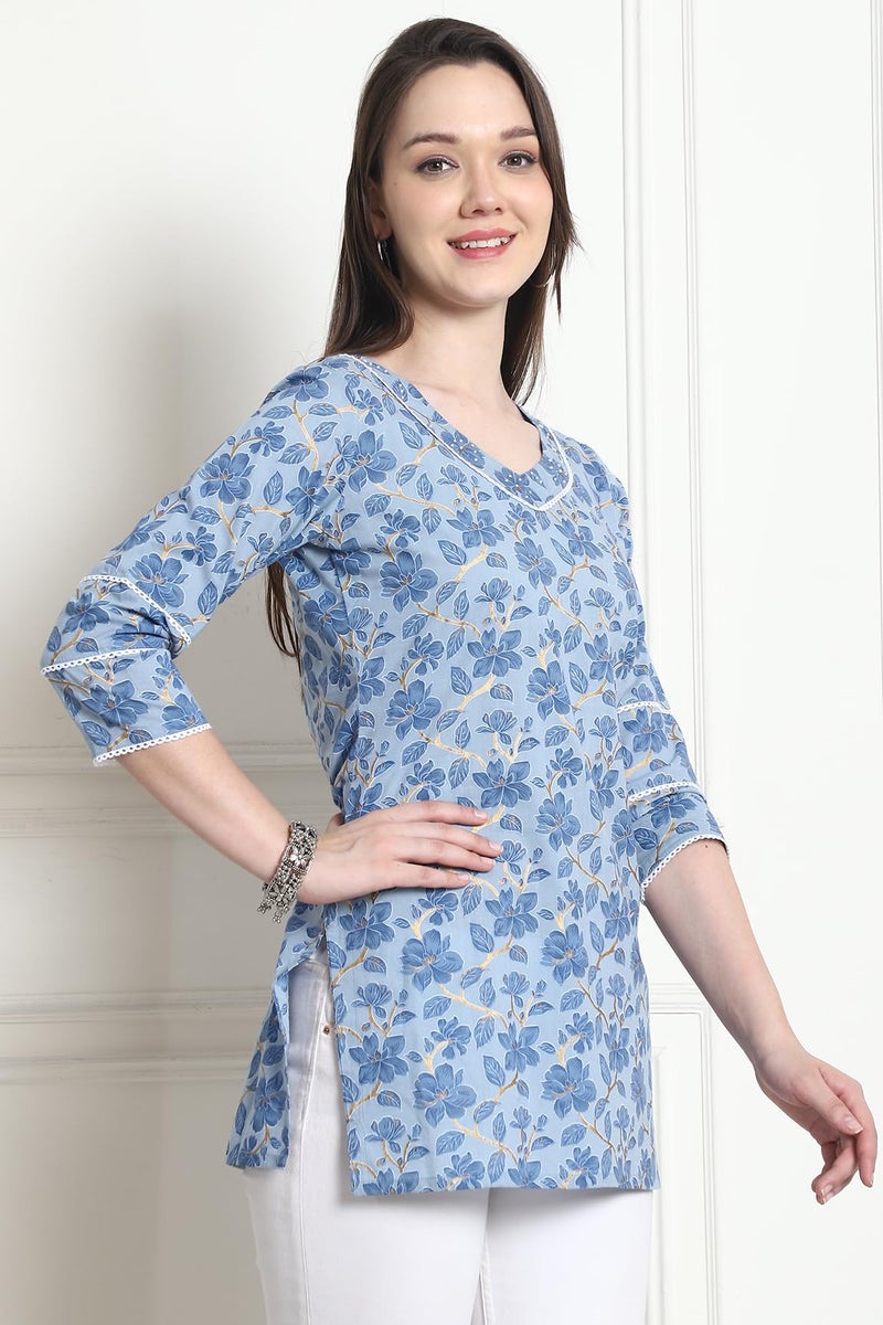 Rajnandini Women's Cotton Jaipuri Printed Tunic (JOPLJPR4013-M_Sky Blue_M) - Image 4