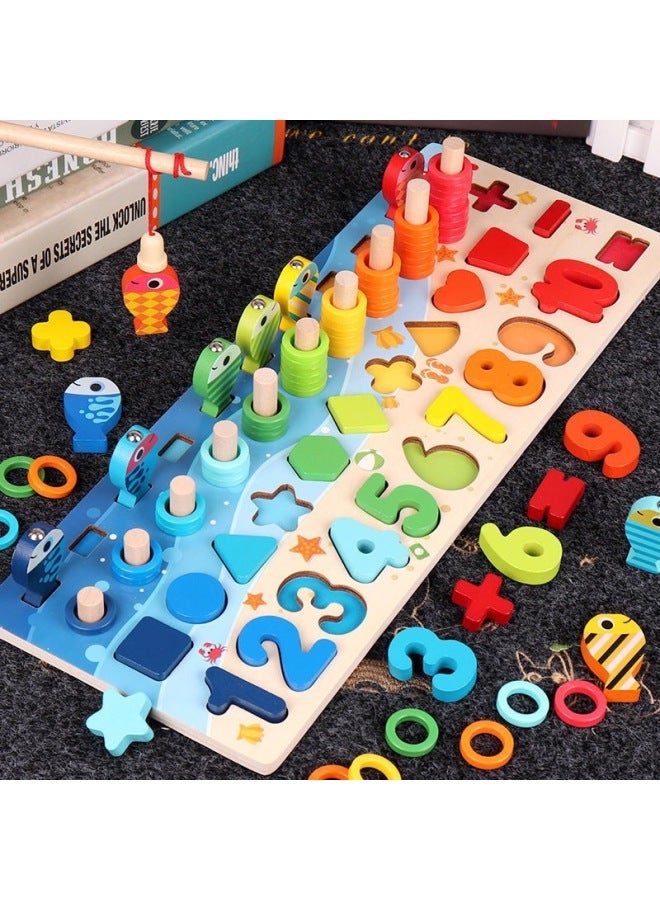 Children's Large Magnetic Fishing Puzzle Alphanumeric Logarithmic Board Early Education Educational Brain Toys 2-3-4 Years Old-Color:Four-in-one Marine Logarithmic Board (plum) - Image 1