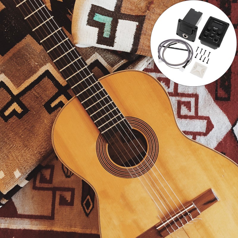 🎸 مكبر صوت لأجهزة الصوت مع معادل رباعي نطاقات لأوتار الغيتار مع مستشعر بيزو شاشة ضبط الصوت التحكم في الحدة والمتوسط والمنخفض بدون بطارية - Image 1