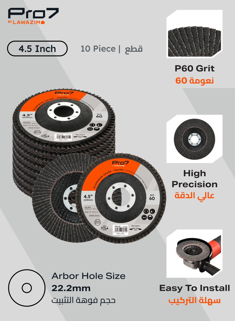 LAWAZIM Pro7 10 Pack Flap Disc Aluminum Oxide - 4.5 x 7/8-Inch 60 Grit - 115mm x 22.2 mm Type 27 Angle Grinder Attachment Grinding and Sanding Disc - Ideal for Steel, Wood, Rust and Paint Removal - Image 2