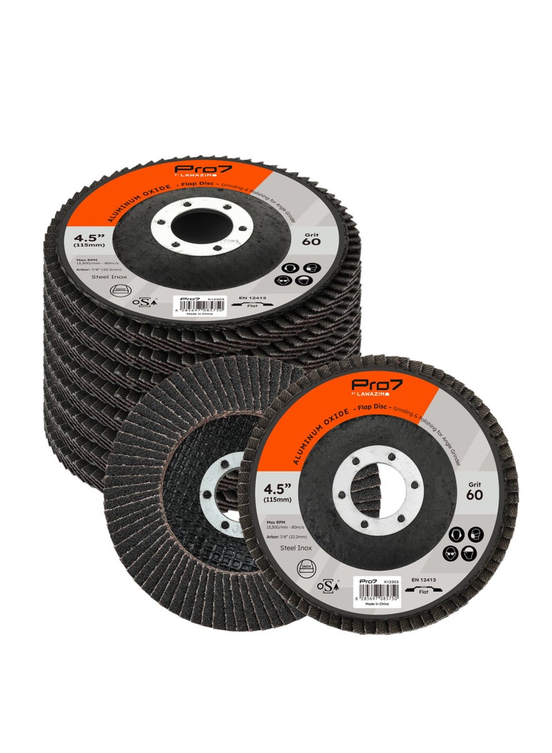 LAWAZIM Pro7 10 Pack Flap Disc Aluminum Oxide - 4.5 x 7/8-Inch 60 Grit - 115mm x 22.2 mm Type 27 Angle Grinder Attachment Grinding and Sanding Disc - Ideal for Steel, Wood, Rust and Paint Removal - Image 1