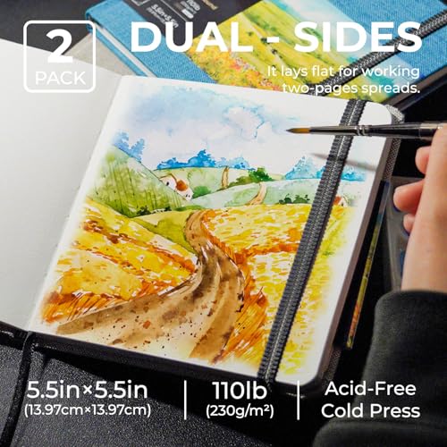 Funto Watercolor Journal, Square, 5.5x5.5, Portable 2-Pack, 48 Pages Each, Gray&Blue Cover, 110lb/230gsm, Art Supplies for Mixed Media - Image 2
