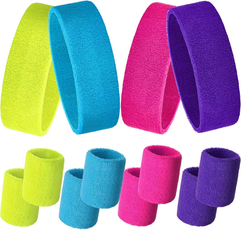 12 Pcs Sweatbands Set Neon Colors Headbands and Wristbands for Men Women Moisture Wicking Sweat Absorbing Workout Cotton Headbands 80s 90s Party
