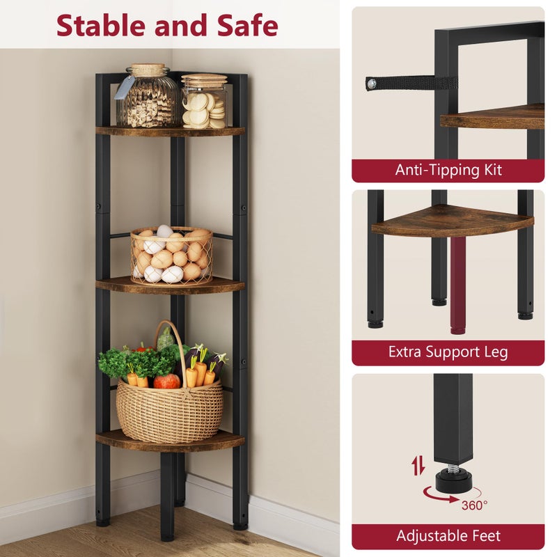 Tajsoon Small Corner Shelf Stand 3 Tier 39.6" Industrial Corner Display Shelf Shelving Unit, Corner Tables for Small Spaces, Bedroom, Living Room, Office, Kitchen, Rustic Brown - Image 4