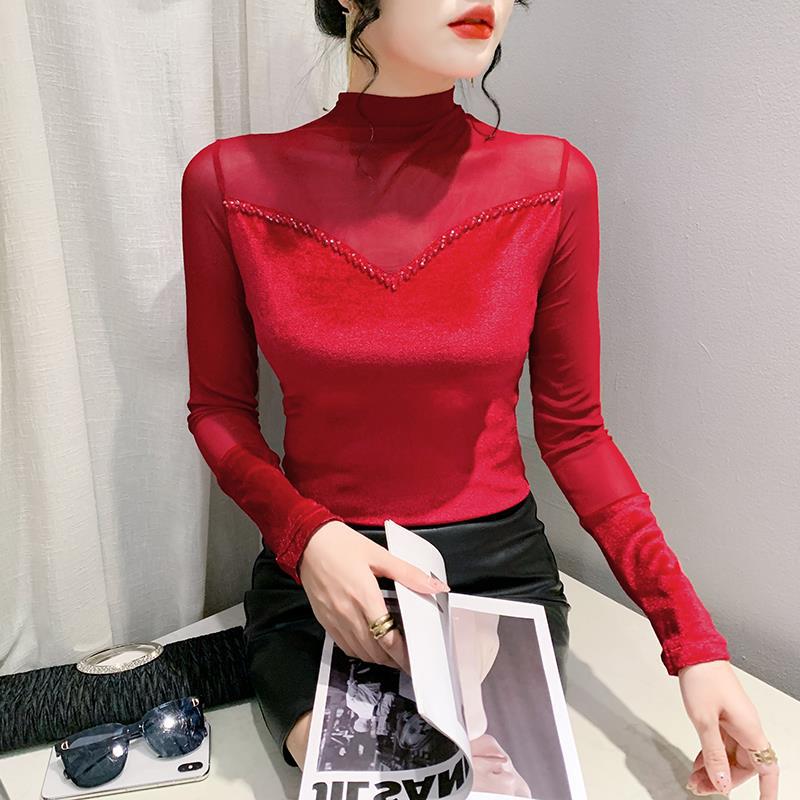Real S Autumn New Long Sleeve Half Turtleneck Hollow Stitching Beaded T-Shirt Women'S Fashion Slim Slimming Bottoming Shirt Fashion - Image 4