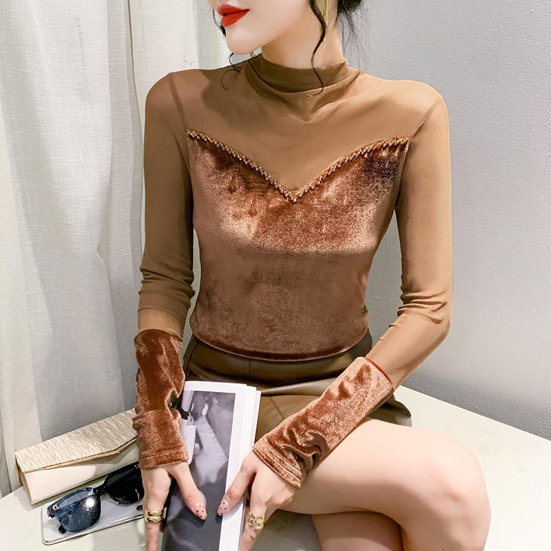 Real S Autumn New Long Sleeve Half Turtleneck Hollow Stitching Beaded T-Shirt Women'S Fashion Slim Slimming Bottoming Shirt Fashion - Image 3