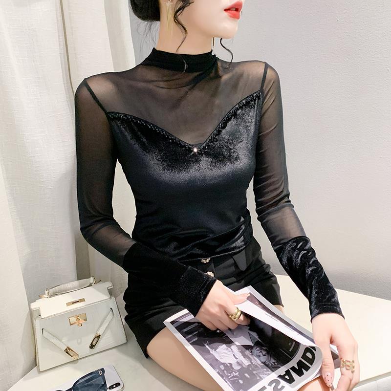 Real S Autumn New Long Sleeve Half Turtleneck Hollow Stitching Beaded T-Shirt Women'S Fashion Slim Slimming Bottoming Shirt Fashion - Image 2