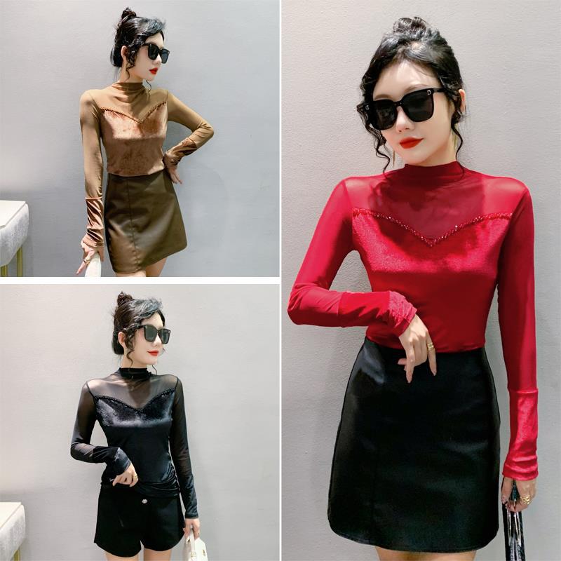 Real S Autumn New Long Sleeve Half Turtleneck Hollow Stitching Beaded T-Shirt Women'S Fashion Slim Slimming Bottoming Shirt Fashion - Image 5