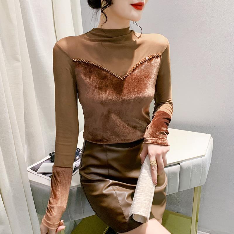 Real S Autumn New Long Sleeve Half Turtleneck Hollow Stitching Beaded T-Shirt Women'S Fashion Slim Slimming Bottoming Shirt Fashion - Image 1