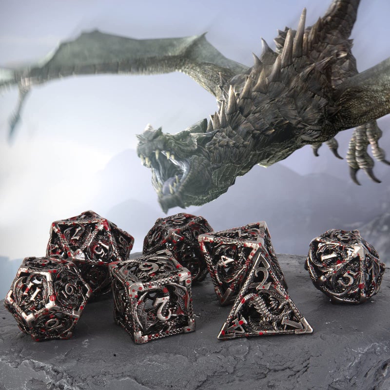UBEUCK DND Dice Hollow DD Metal Dice Dungeons and Dragons Dice Set with Gift Box 7 PCs Steampunk Polyhedral Dice Games Set for RPGMTGPathfinderDragon Blood Spattered - Image 3
