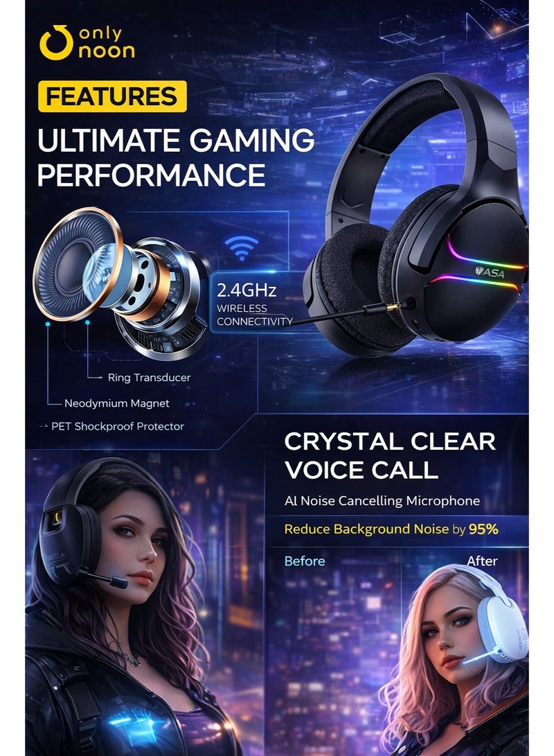 ASA Smash RGB Gaming Headset – Wireless & Wired Bluetooth Headphones with Microphone - Image 2