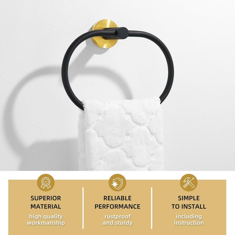 Angle Simple Towel Ring Swivel, Stainless Steel Bathroom Hand Towel Holder Rack Hanger for Wall, Black and Gold - Image 5