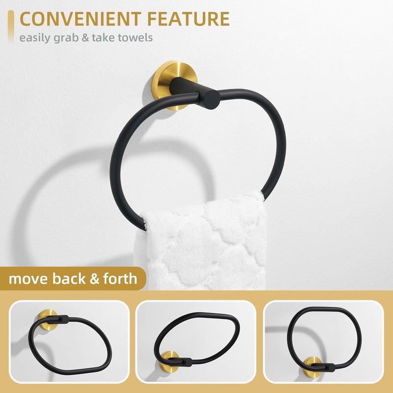 Angle Simple Towel Ring Swivel, Stainless Steel Bathroom Hand Towel Holder Rack Hanger for Wall, Black and Gold - Image 3
