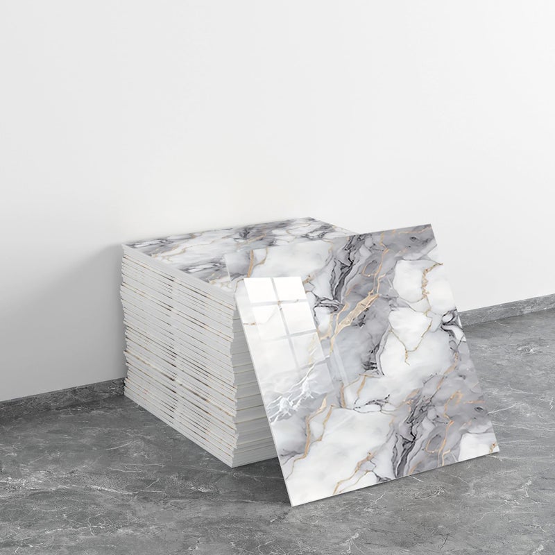LVSHI 20pcs Marble Peel and Stick Waterproof PVC Shower Wall Panels Bathroom Backsplash Tile Stick on Wall for Bedoom, Kitchen 11.8"x11.8" (Gray and White with Light Gold Lines,19.4 Sq.Ft.) - Image 1