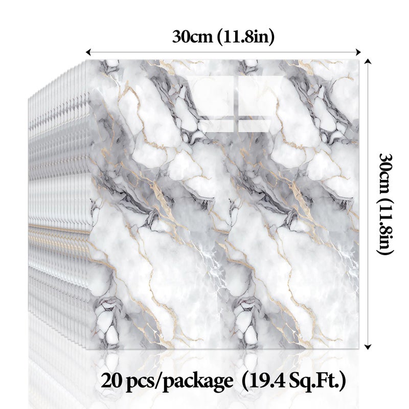 LVSHI 20pcs Marble Peel and Stick Waterproof PVC Shower Wall Panels Bathroom Backsplash Tile Stick on Wall for Bedoom, Kitchen 11.8"x11.8" (Gray and White with Light Gold Lines,19.4 Sq.Ft.) - Image 3