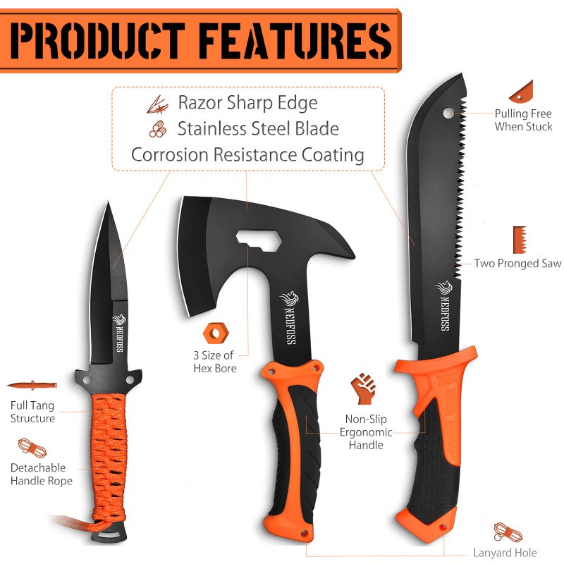 NedFoss 15" Machete, 10" Hatchets for Camping and Survival, Fixed Blade Hunting Knife with Sheath, Camping Hatchet with Shock Reduction Handle, Camping Axe Yard Work Tools Pack of 3 - Image 5