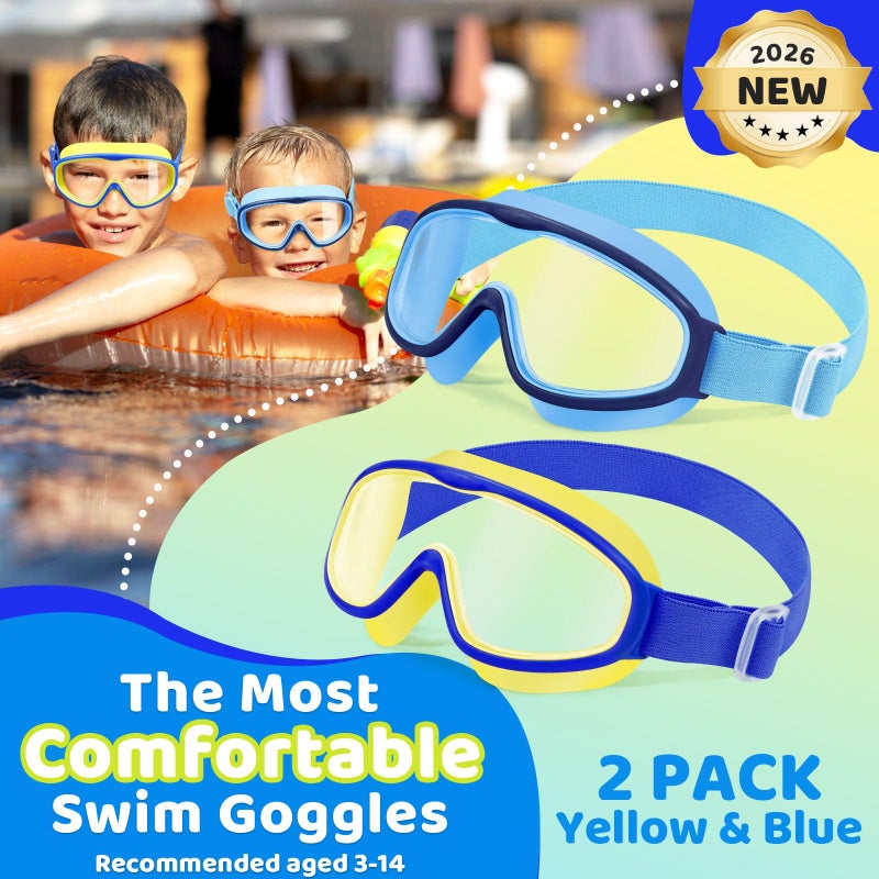 Vvinca Kids Swim Goggles 2 Pack, No Hair Pulling Comfort Fabric Strap Swimming Goggles for Kids Age 3-14, Anti-Fog/UV No Leaking Wide View Swim Mask for Toddler Boys Girls, Summer Pool Essentials - Image 2