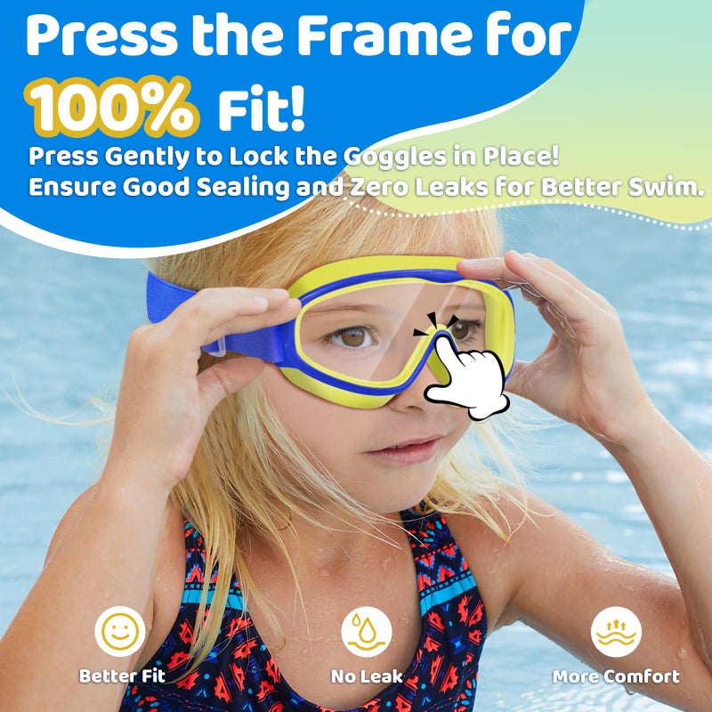 Vvinca Kids Swim Goggles 2 Pack, No Hair Pulling Comfort Fabric Strap Swimming Goggles for Kids Age 3-14, Anti-Fog/UV No Leaking Wide View Swim Mask for Toddler Boys Girls, Summer Pool Essentials - Image 3