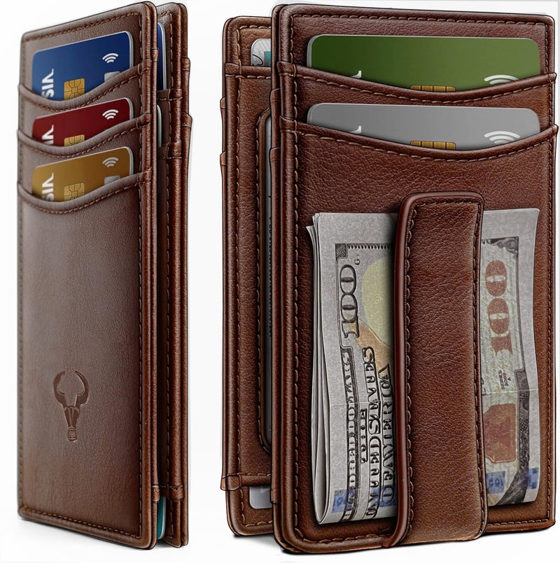 Contacts RFID Blocking Magnetic Closure Slim Genuine Leather Front Pocket Wallet for Men Holds up to 12 Cards Including 1 ID Window Along with Money Clip (Brown) - Image 1