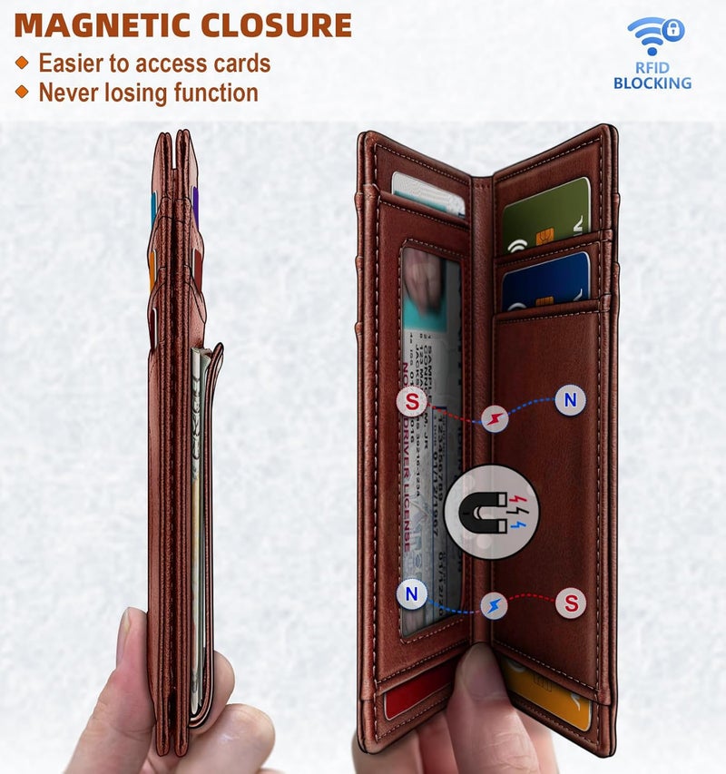Contacts RFID Blocking Magnetic Closure Slim Genuine Leather Front Pocket Wallet for Men Holds up to 12 Cards Including 1 ID Window Along with Money Clip (Brown) - Image 4