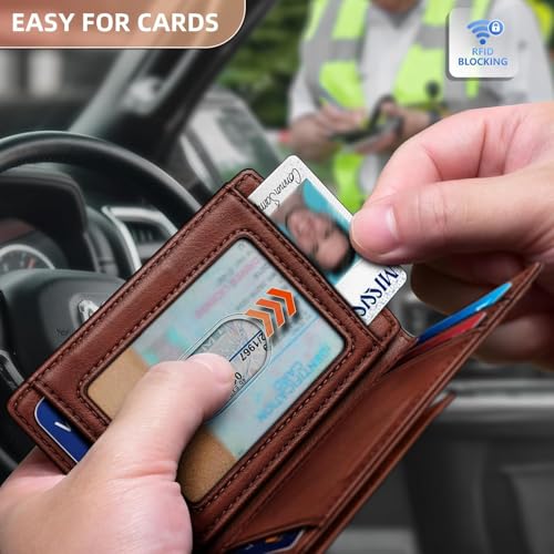 Contacts RFID Blocking Magnetic Closure Slim Genuine Leather Front Pocket Wallet for Men Holds up to 12 Cards Including 1 ID Window Along with Money Clip (Brown) - Image 3