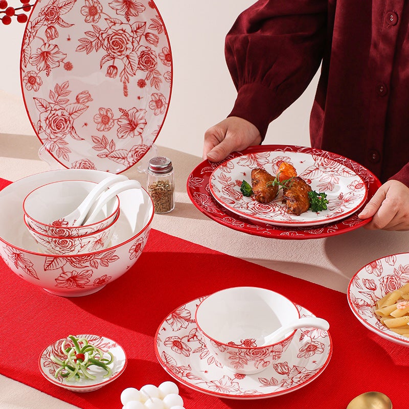 Red Rose Bowl Dish Household Festive Housewarming Tableware Bowl Dish Suit Vintage Ceramic Rice Bowl Plate Full Set - Image 3