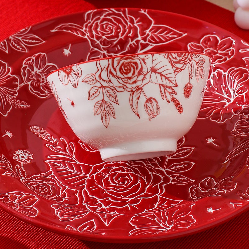 Red Rose Bowl Dish Household Festive Housewarming Tableware Bowl Dish Suit Vintage Ceramic Rice Bowl Plate Full Set - Image 5