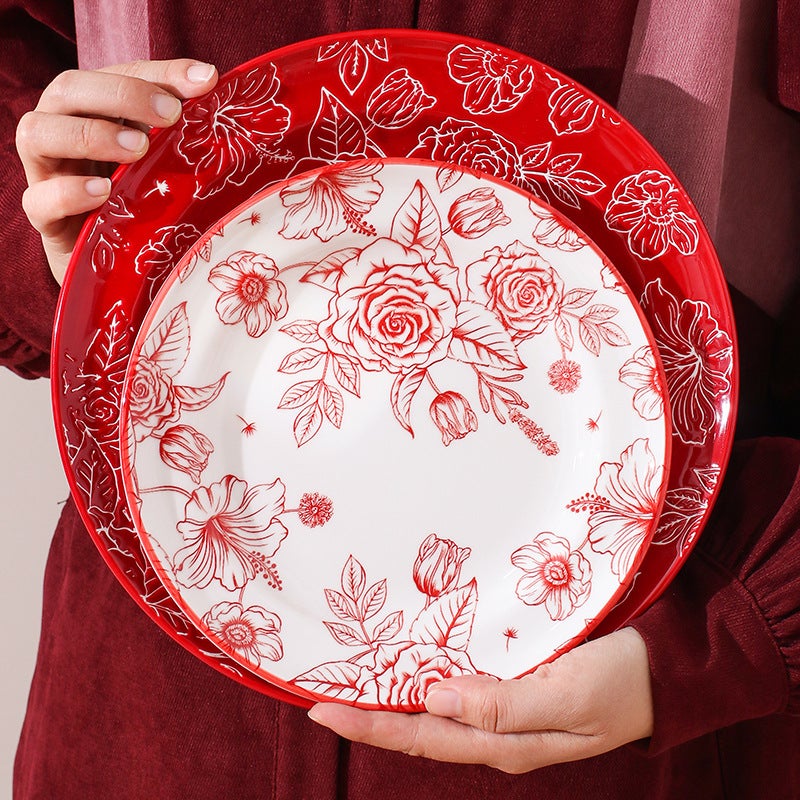 Red Rose Bowl Dish Household Festive Housewarming Tableware Bowl Dish Suit Vintage Ceramic Rice Bowl Plate Full Set - Image 4