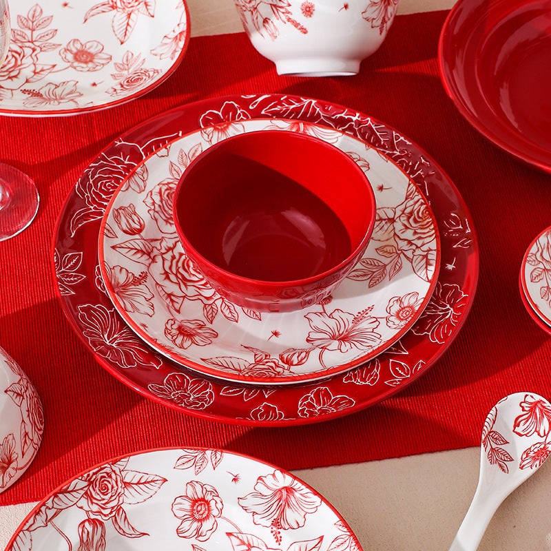 Red Rose Bowl Dish Household Festive Housewarming Tableware Bowl Dish Suit Vintage Ceramic Rice Bowl Plate Full Set - Image 2
