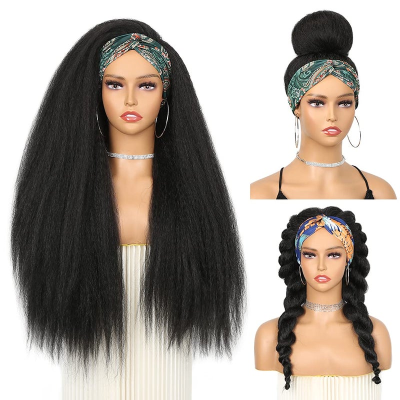 WIGNEE 26 Inches Kinky Straight Headband Wig for Women Yaki Straight Wigs with Black Headband Kinky Afro Wigs For Black Women - Image 1