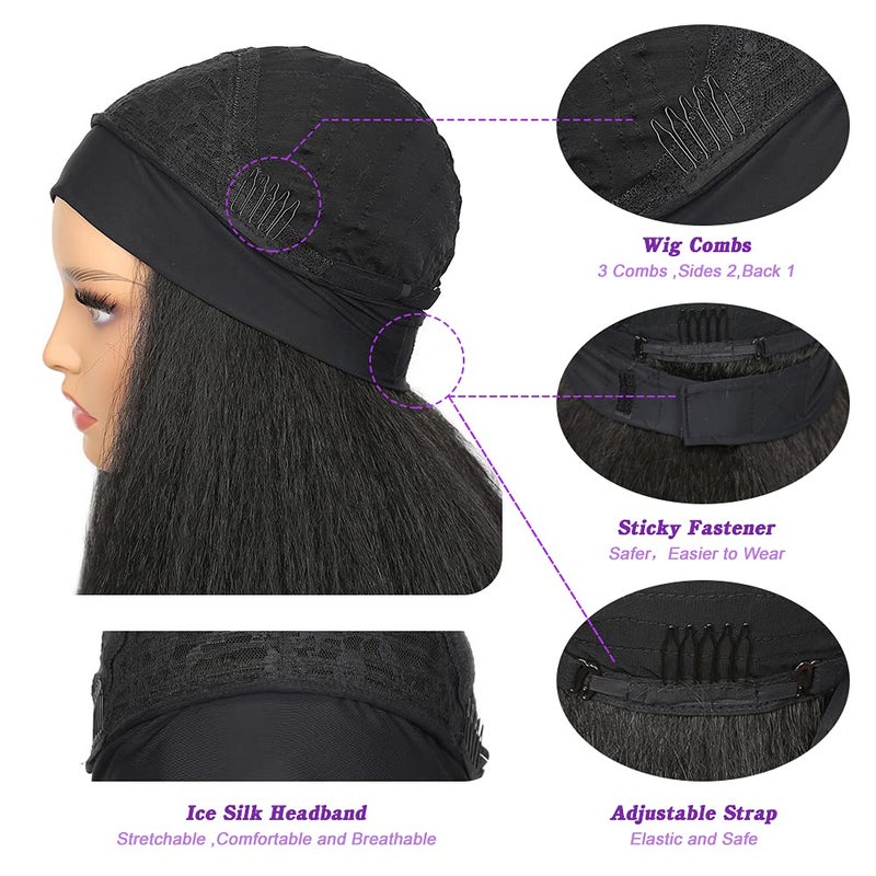 WIGNEE 26 Inches Kinky Straight Headband Wig for Women Yaki Straight Wigs with Black Headband Kinky Afro Wigs For Black Women - Image 5