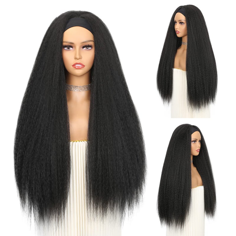 WIGNEE 26 Inches Kinky Straight Headband Wig for Women Yaki Straight Wigs with Black Headband Kinky Afro Wigs For Black Women - Image 3