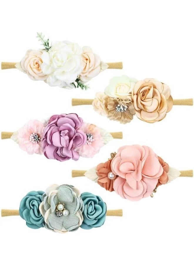 Cinaci Cinaci 5 Pieces Super Stretchy Soft Nylon Flower Headbands Pearl Floral Tiaras Crowns Hairbands Hair Accessories for Baby Girls Newborns Infants Toddlers Kids  - Image 1