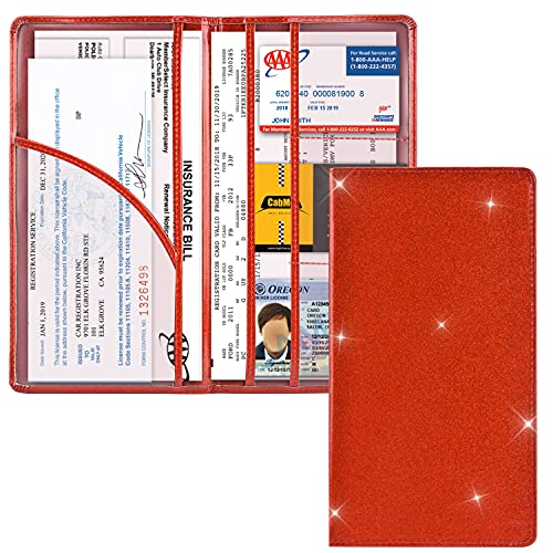 Cacturism Car Registration and Insurance Holder Vehicle Glove Box Car Organizer Men Women Wallet Accessories Case with Magnetic Shut for Cards Essential Document Driver License Bling Red - Image 1