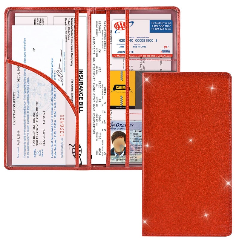 Cacturism Car Registration and Insurance Holder Vehicle Glove Box Car Organizer Men Women Wallet Accessories Case with Magnetic Shut for Cards Essential Document Driver License Bling Red - Image 3
