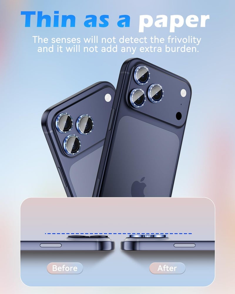CloudValley Glitter Camera Lens Protector for iPhone 17 Pro/iPhone 17 Pro Max, Anti-Scratch HD Tempered Glass, Shatterproof Metal Ring Cover, Easy Installation, Glitter Deep Blue - Image 4