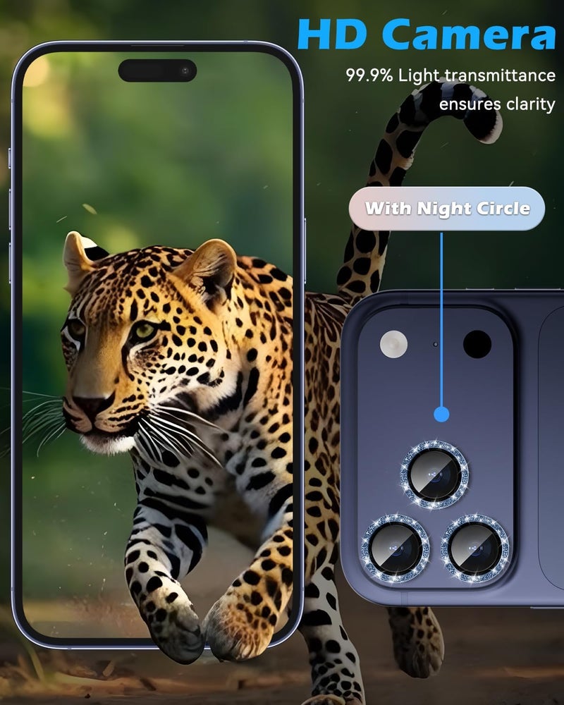 CloudValley Glitter Camera Lens Protector for iPhone 17 Pro/iPhone 17 Pro Max, Anti-Scratch HD Tempered Glass, Shatterproof Metal Ring Cover, Easy Installation, Glitter Deep Blue - Image 2