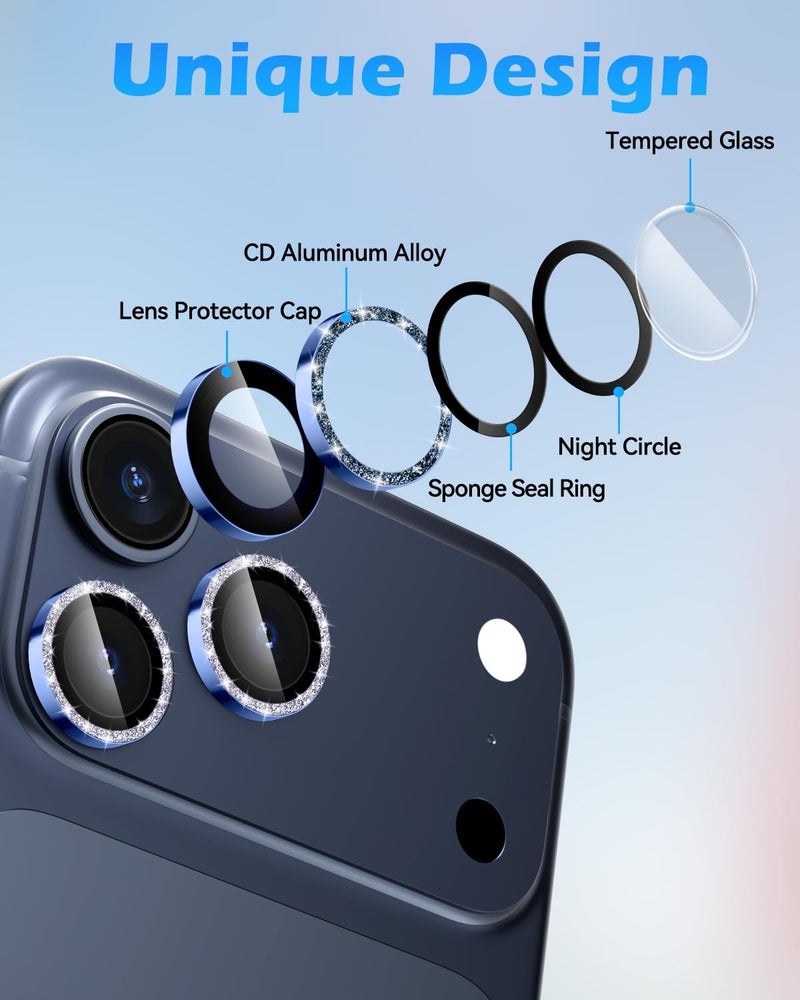 CloudValley Glitter Camera Lens Protector for iPhone 17 Pro/iPhone 17 Pro Max, Anti-Scratch HD Tempered Glass, Shatterproof Metal Ring Cover, Easy Installation, Glitter Deep Blue - Image 3