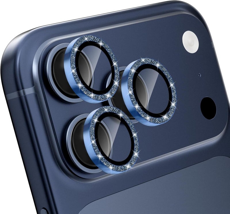 CloudValley Glitter Camera Lens Protector for iPhone 17 Pro/iPhone 17 Pro Max, Anti-Scratch HD Tempered Glass, Shatterproof Metal Ring Cover, Easy Installation, Glitter Deep Blue - Image 1