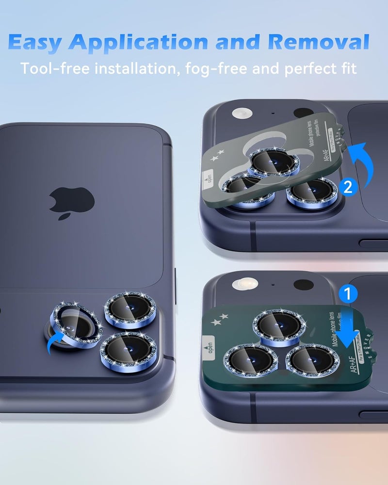 CloudValley Glitter Camera Lens Protector for iPhone 17 Pro/iPhone 17 Pro Max, Anti-Scratch HD Tempered Glass, Shatterproof Metal Ring Cover, Easy Installation, Glitter Deep Blue - Image 5