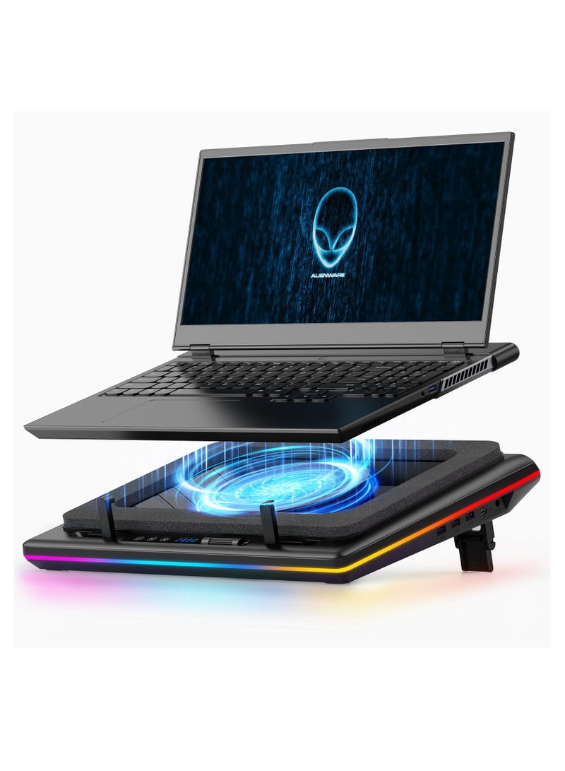 KASTWAVE RGB Laptop Cooling Pad with Powerful Turbofan, Gaming Laptop Cooler Radiator with Infinitely Variable Speed, Touch Control, LCD Screen, 3-Port USB Hub, Seal Foam for Rapid Cooling Laptop 15-19in - Image 1